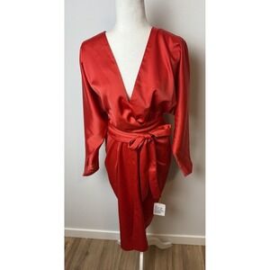 NWT ASOS Red Satin Long Sleeve Faux Wrap Batwing Midi Dress - Size 10 Women's